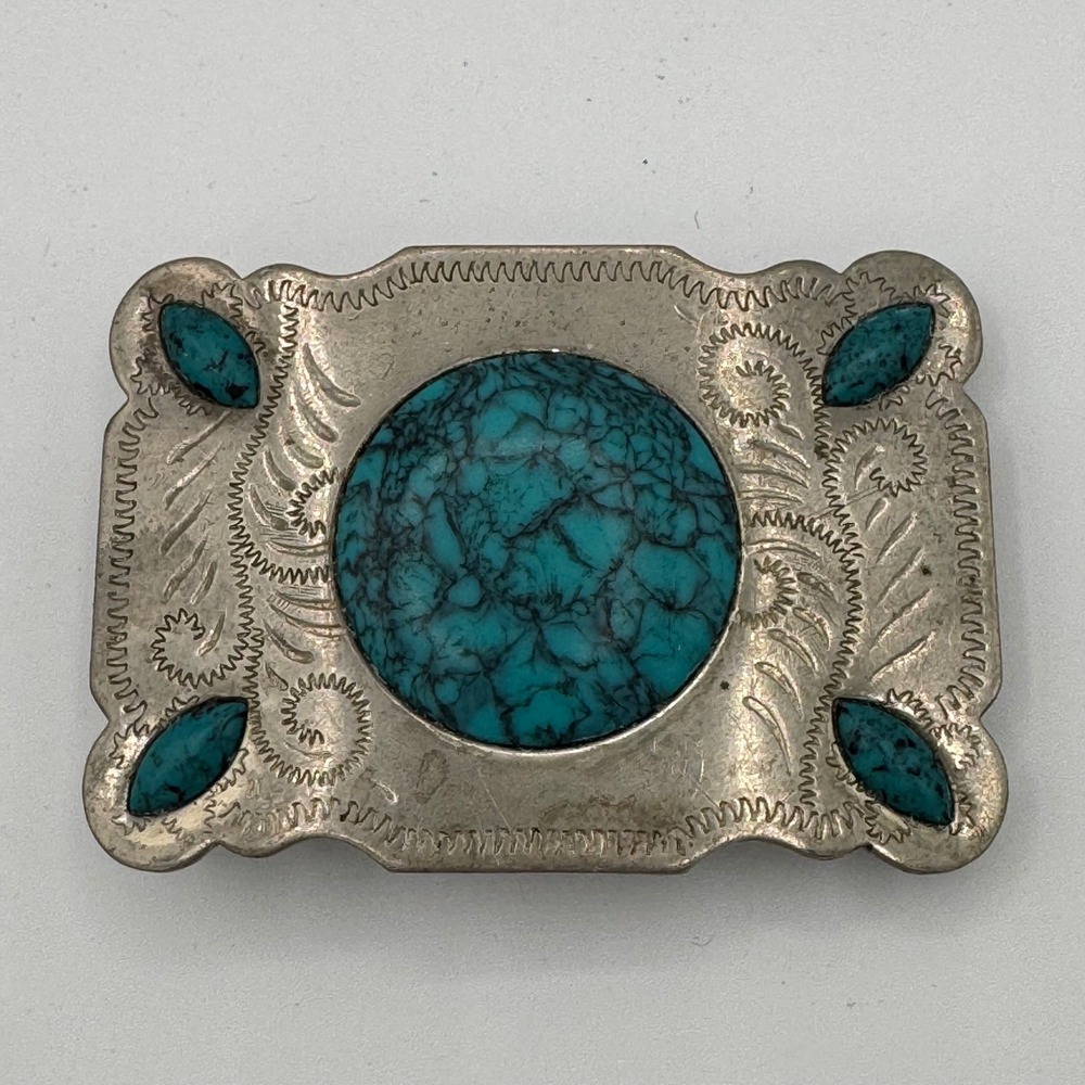 Vintage Western Nickel Silver Turquoise Belt Buckle Engraved Scalloped Edge